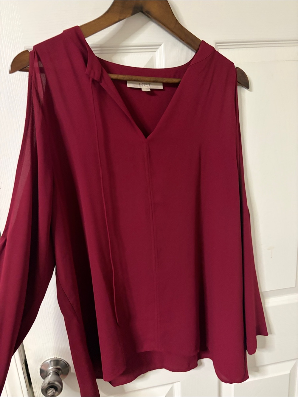 LOFT Cold-Shoulder V-Neck Blouse - Deep Berry